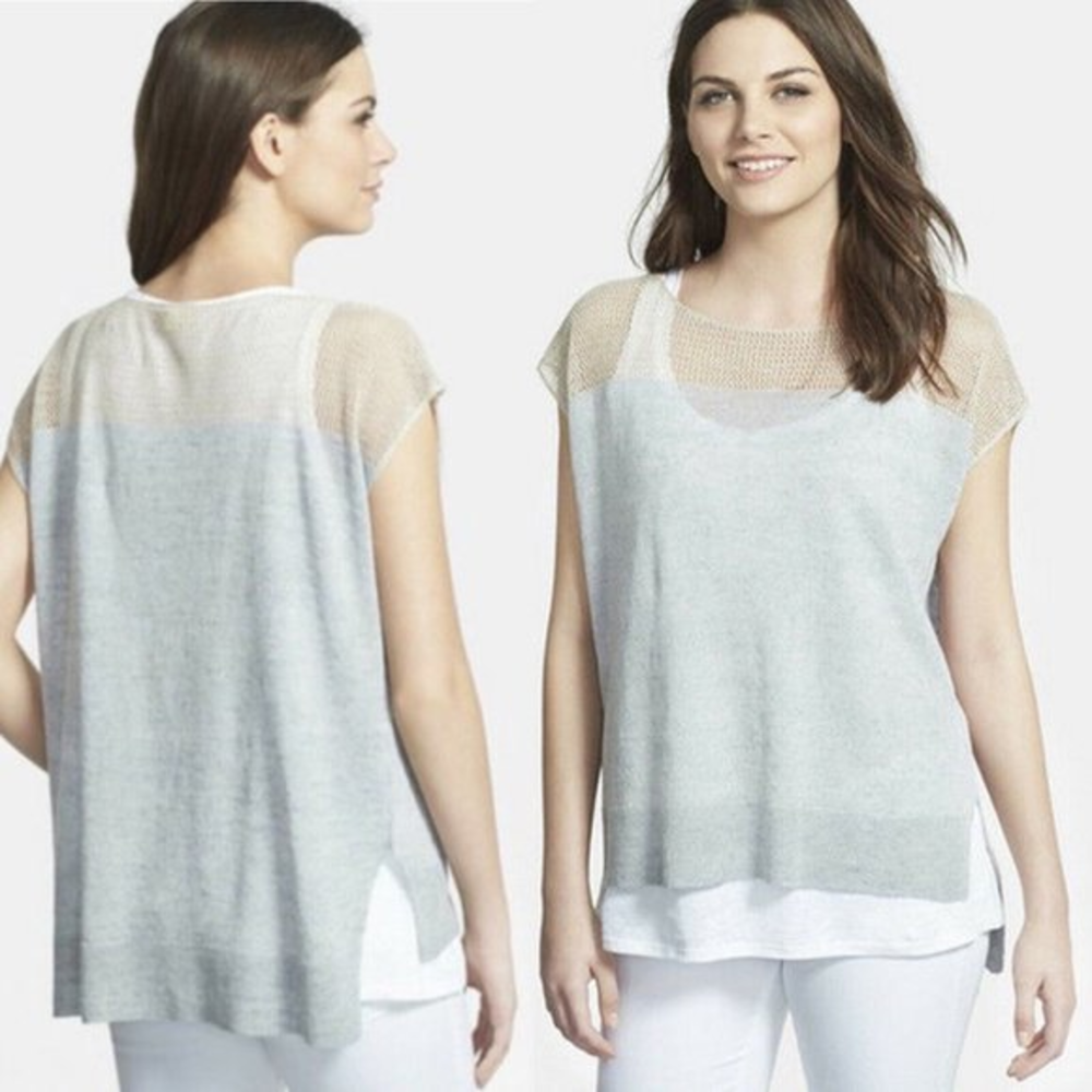 Eileen Fisher‎ Delave Organic Linen Contrast Yoke Bateau Neck Top Pearl Gray Top